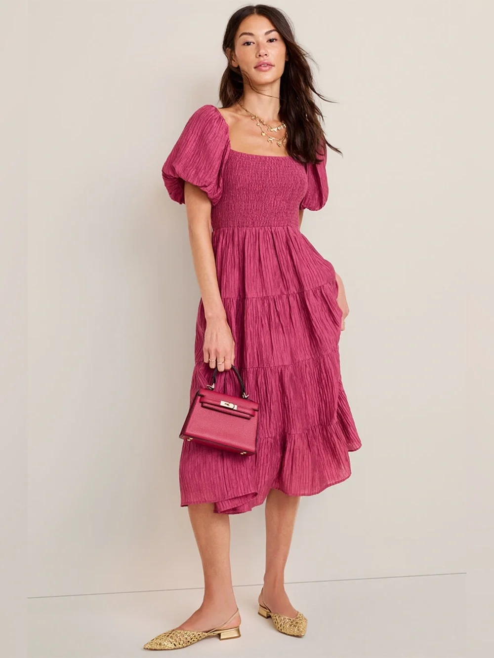 Stacey Puff Sleeve Smocked Rose Boho Midi Dress